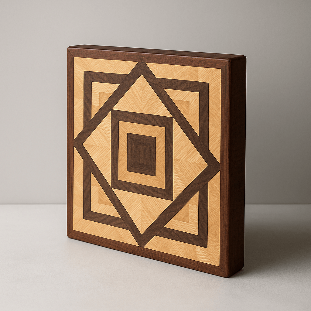 Angled side view of the Origo cutting board by The Makers Society, featuring a striking nested diamond pattern in ash and walnut, framed in rich mahogany with a thick, sculptural edge. Made in UAE by The Makers Society.