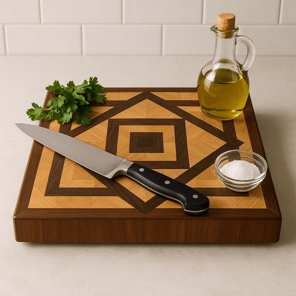 Top view of the Origo cutting board in use, displaying its bold geometric inlay design; a chef’s knife, olive oil bottle, salt bowl, and parsley rest atop the board, highlighting its functional elegance. Made in UAE by The Makers Society Dubai.