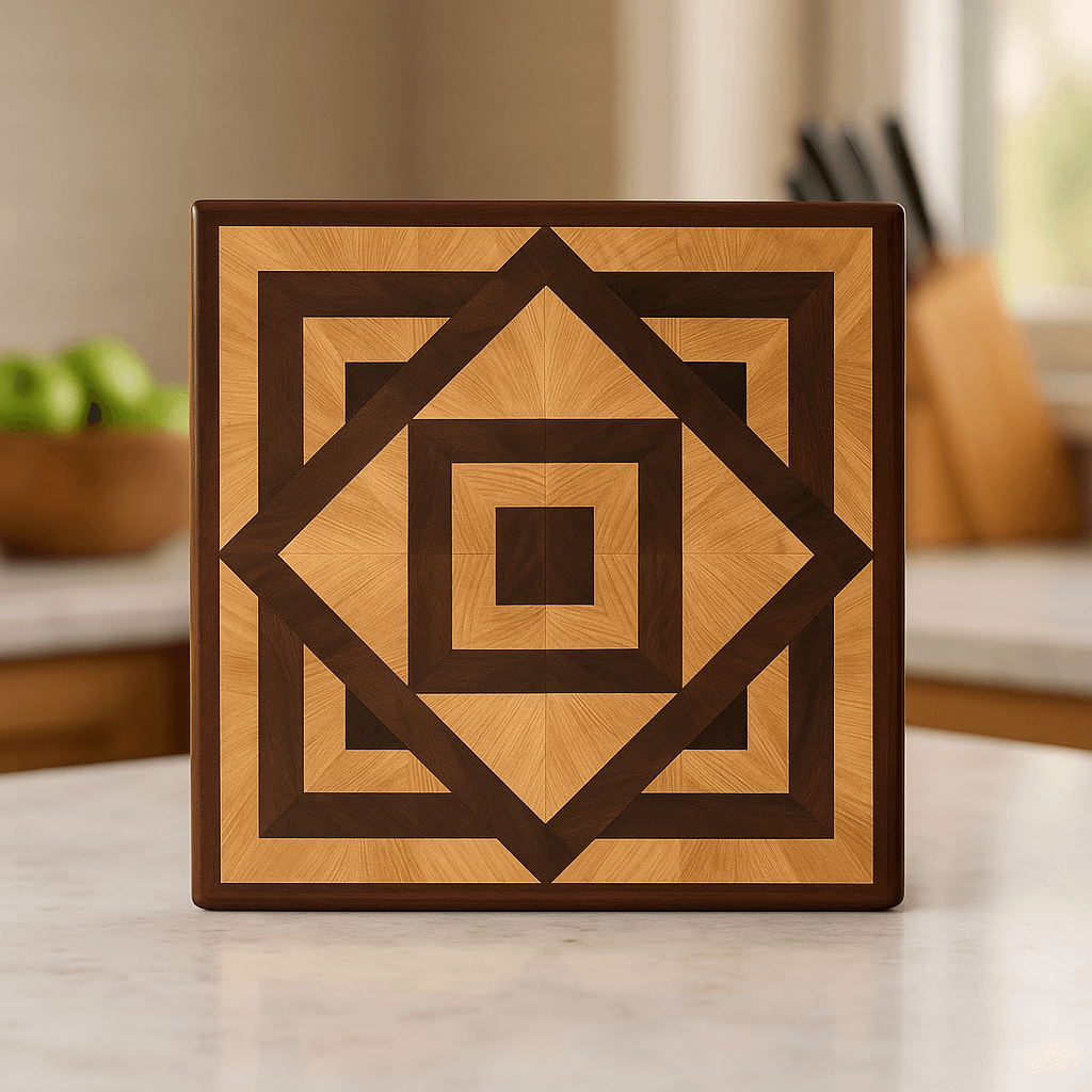 Frontal view of the Origo cutting board standing upright on a kitchen counter, showcasing its symmetrical parquetry design in ash and walnut, bordered by mahogany and bathed in natural light. Original design made at The Makers Society