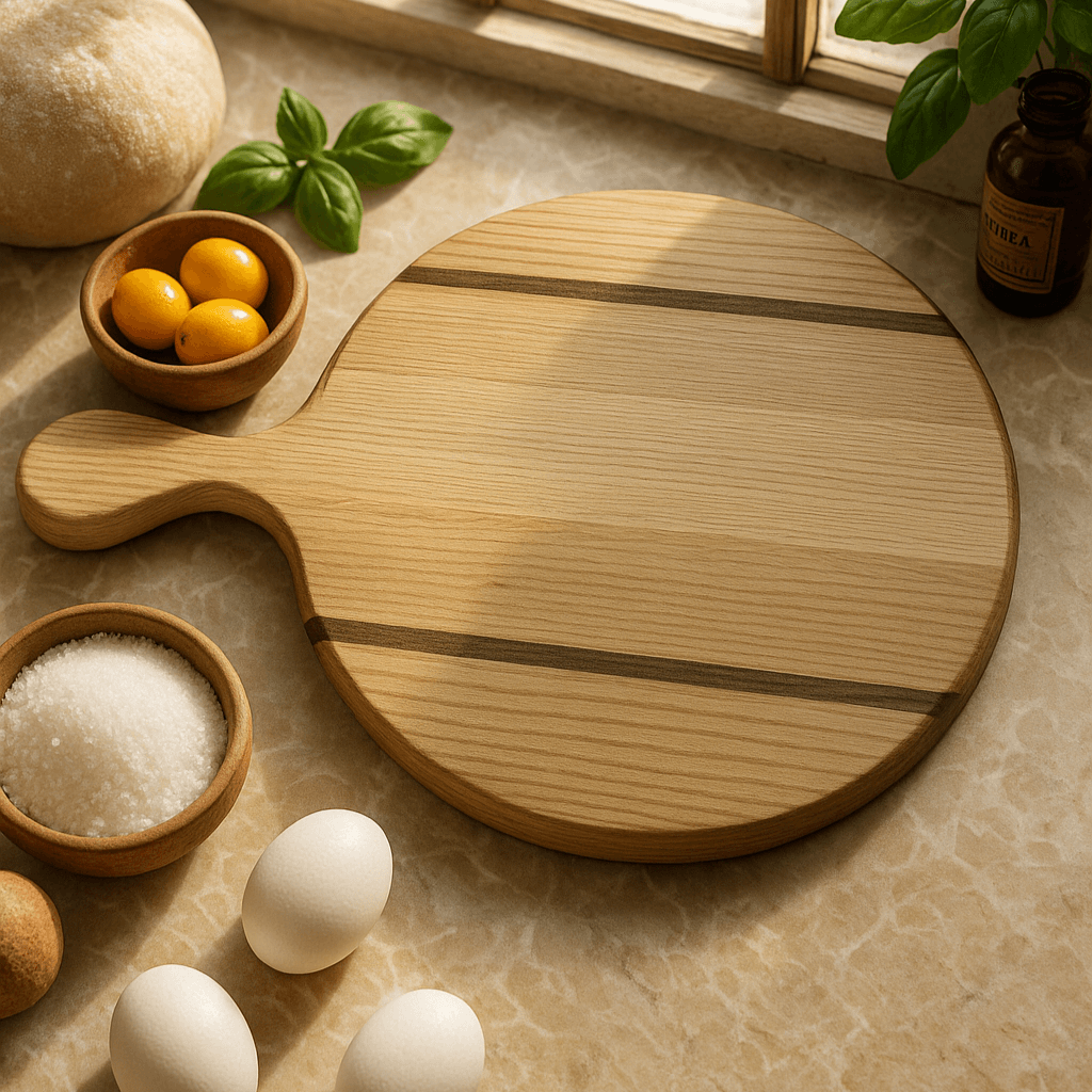 Round serving board in a kitchen for food preparation with handle made at The Makers Society Dubai