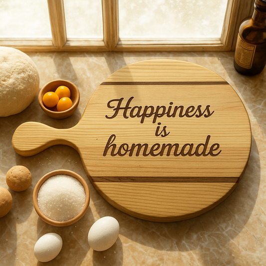 Round serving board with handle and laser engraving on a kitchen table top made at The Makers Society Dubai