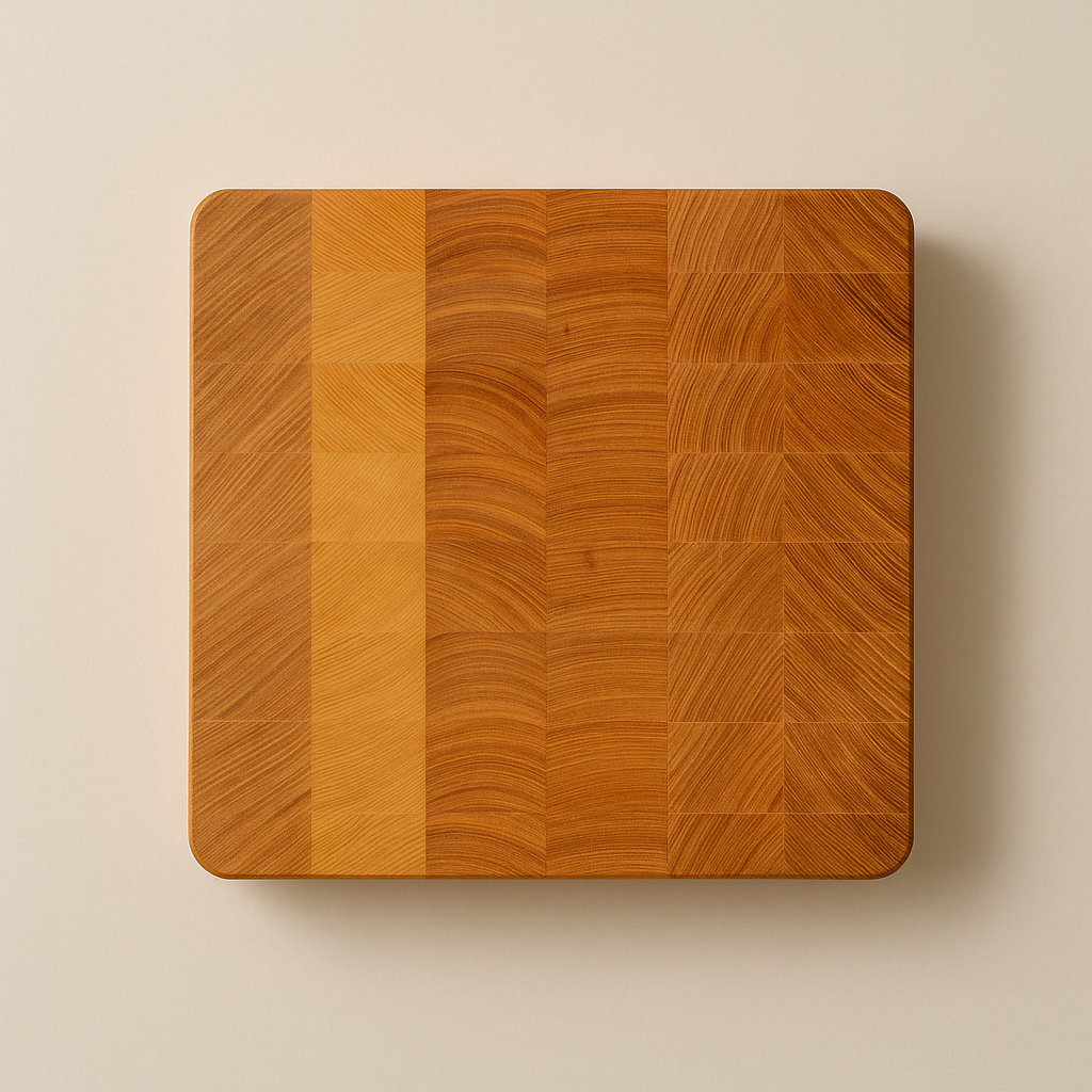 Top-down view of a handcrafted square cutting board made from end grain ash, featuring a patchwork of rich, varied wood tones and grain patterns in vertical bands, with softly rounded corners. Made at The Makers Society Dubai.