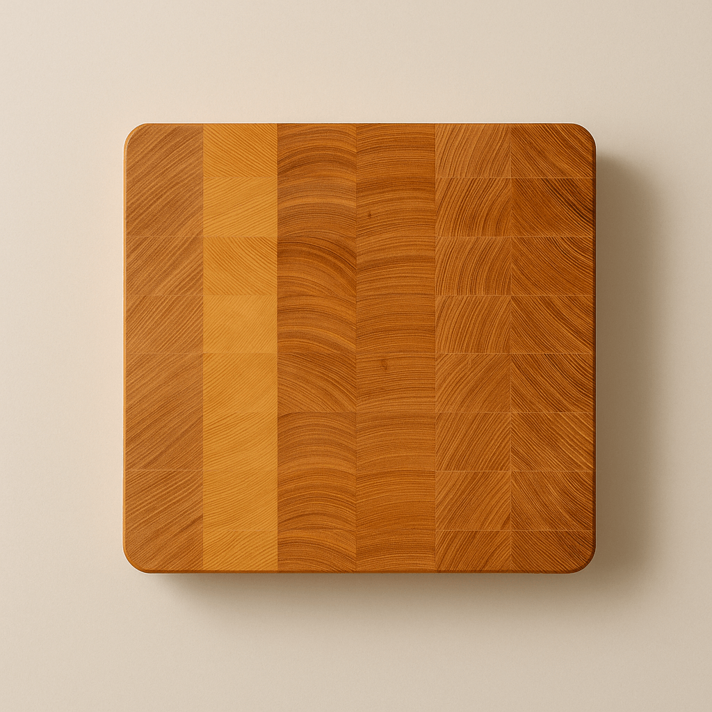 Top-down view of a handcrafted square cutting board made from end grain ash, featuring a patchwork of rich, varied wood tones and grain patterns in vertical bands, with softly rounded corners. Made at The Makers Society Dubai.