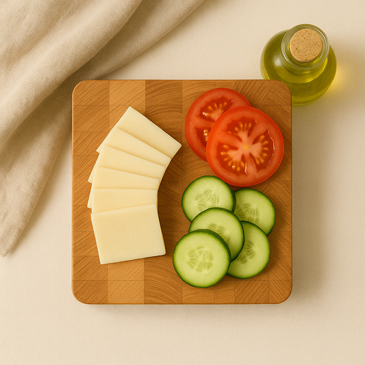 Top view of a square end grain ash cutting board, arranged with slices of cheese, tomato, and cucumber, next to a glass bottle of olive oil and a neutral fabric napkin. Made at The Makers Society Dubai.