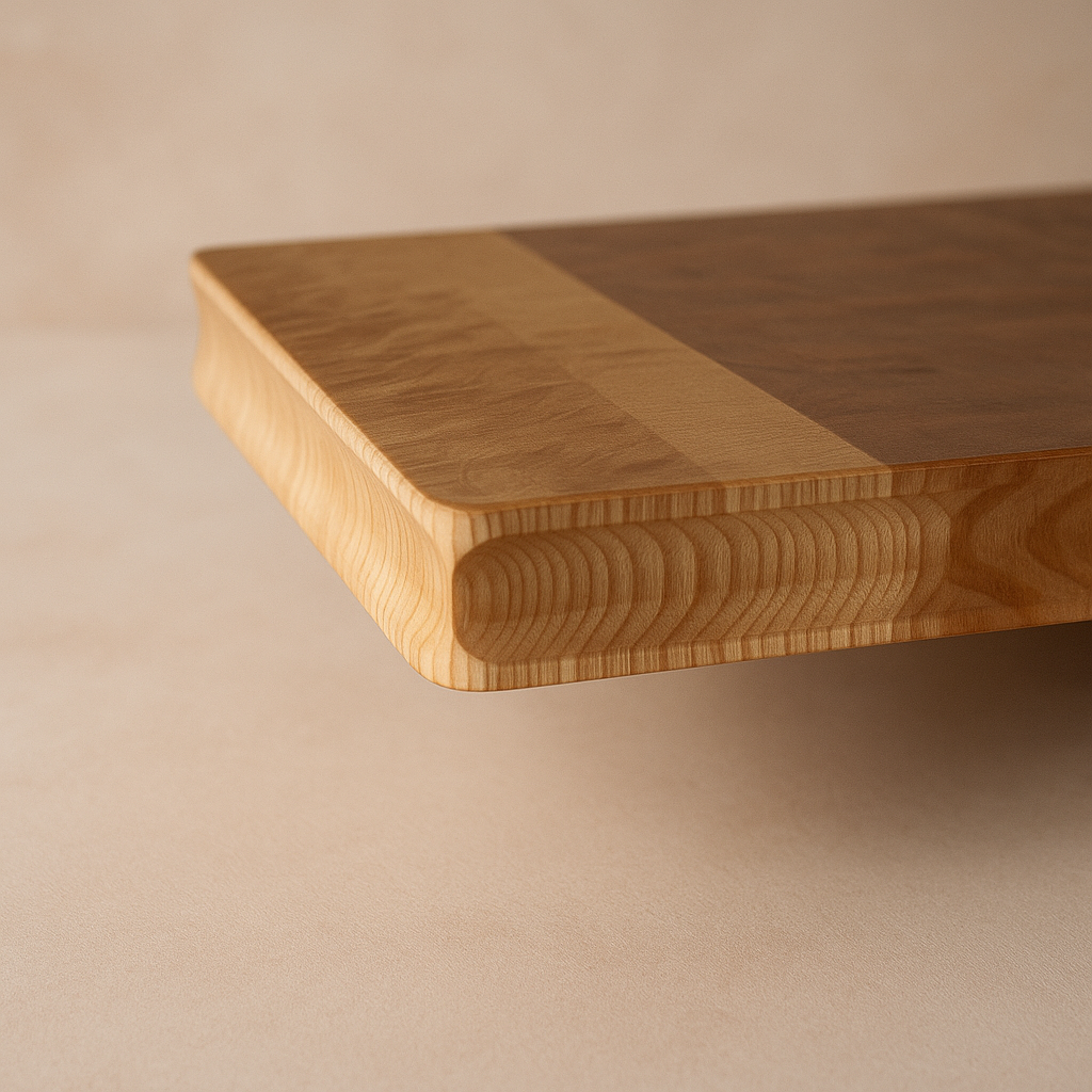 Close-up angled view of a rectangular cutting board called Solace made from long grain ash, showcasing a dark central panel and an elegant hollow-cut side grip, with soft lighting highlighting the wood’s figure. Made at The Makers Society Dubai.