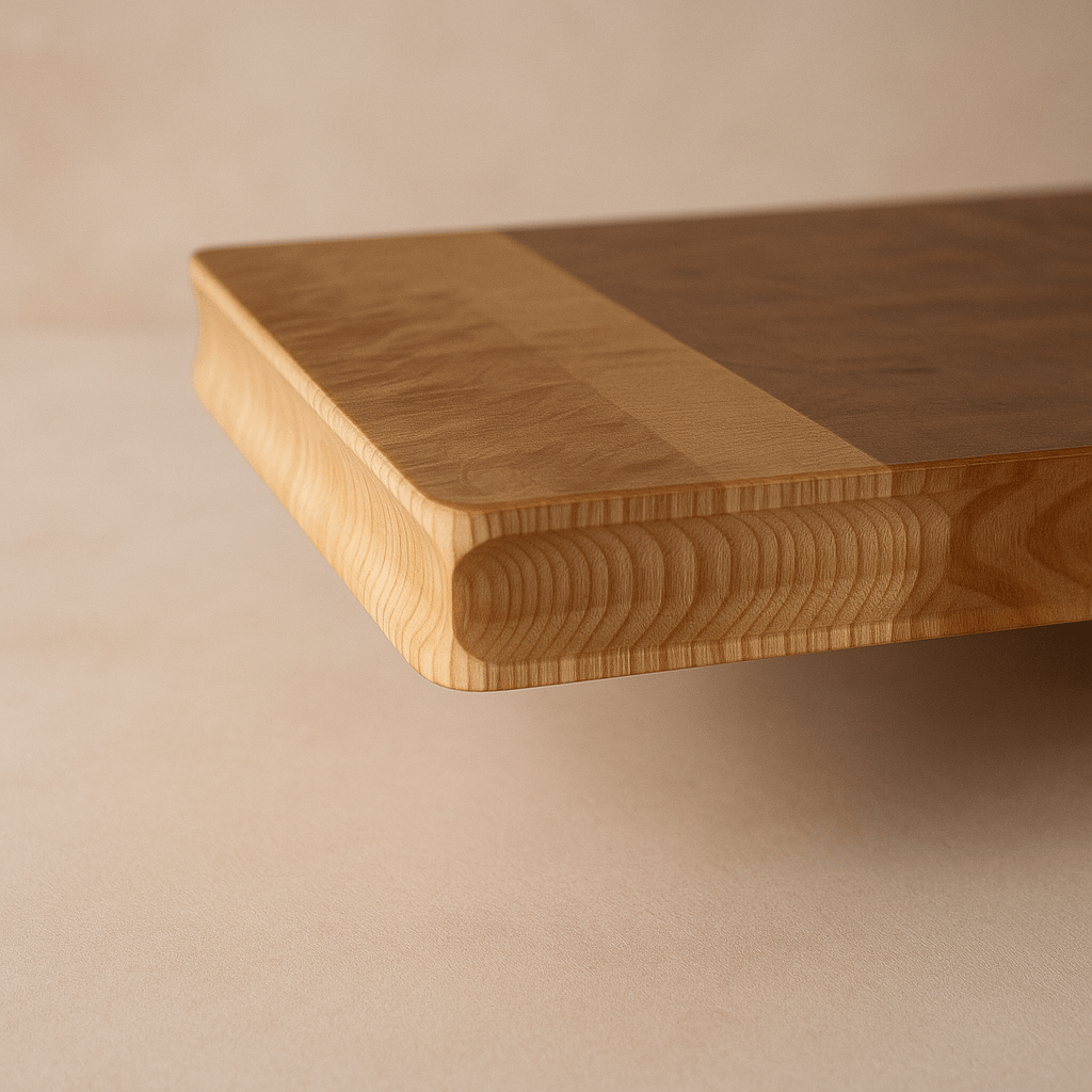 Close-up angled view of a rectangular cutting board called Solace made from long grain ash, showcasing a dark central panel and an elegant hollow-cut side grip, with soft lighting highlighting the wood’s figure. Made at The Makers Society Dubai.