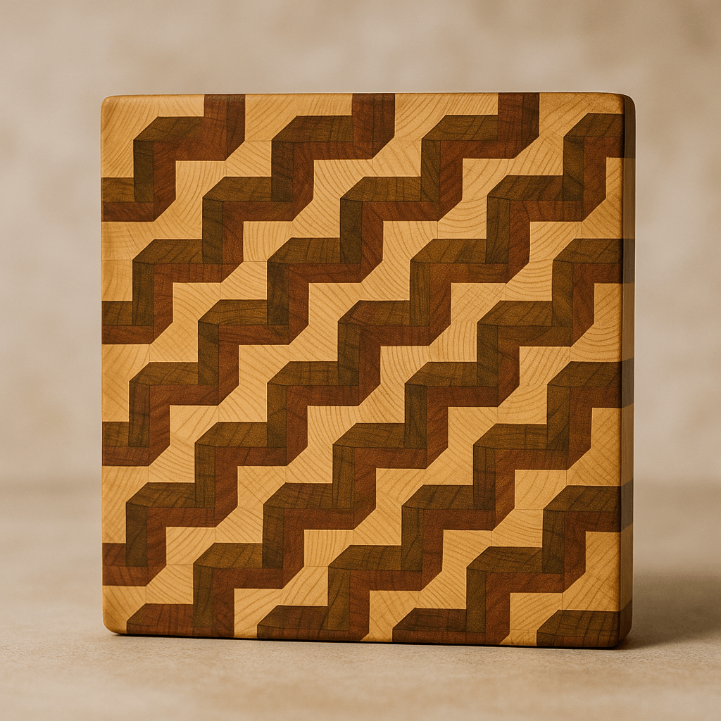 End grain 3D effect cutting board with marble background made at The Makers Society Dubai