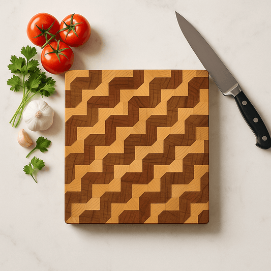 End grain 3D effect cutting board with marble background, knife and vegetables made at The Makers Society Dubai