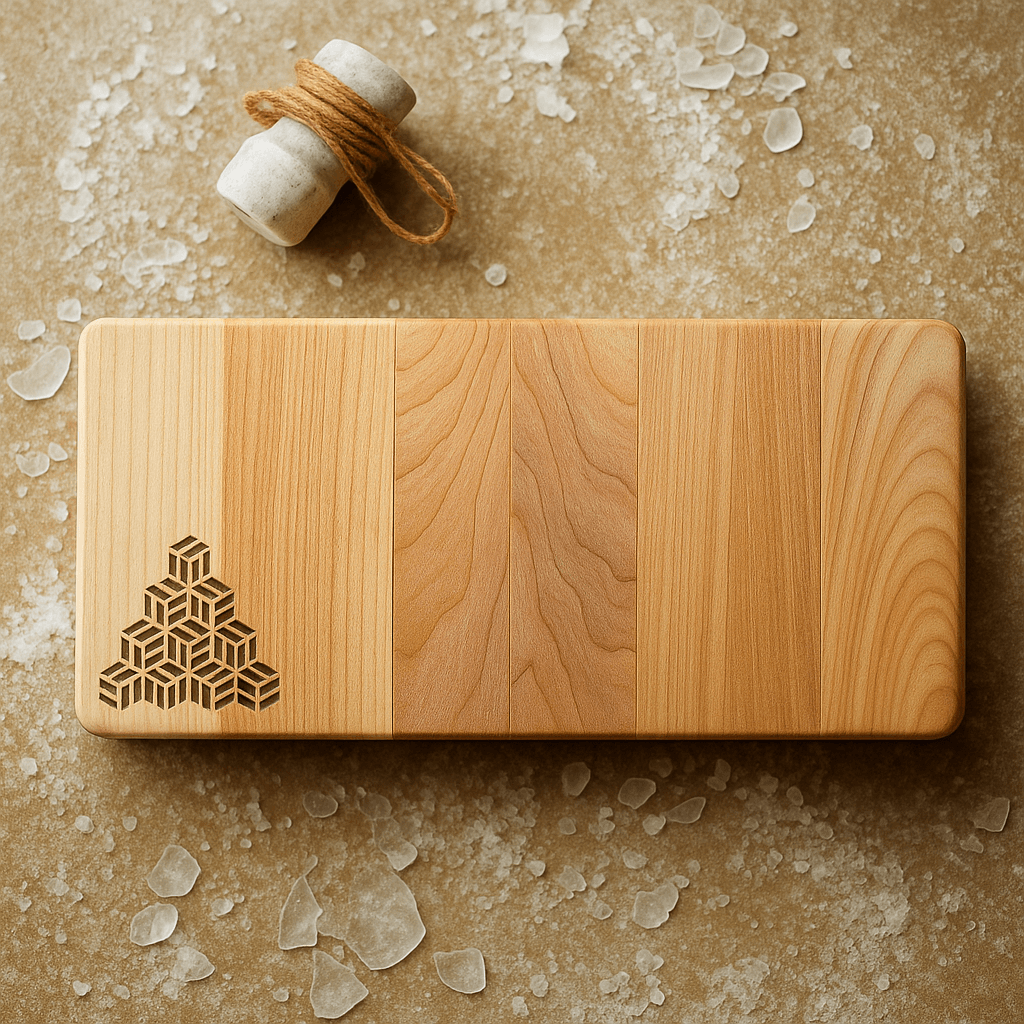 Top view of Tessera serving board, ideal for serving cheese or appetizer, with an elegant Kumiko inspired laser engrave, produced and sold by The Makers Society Dubai.