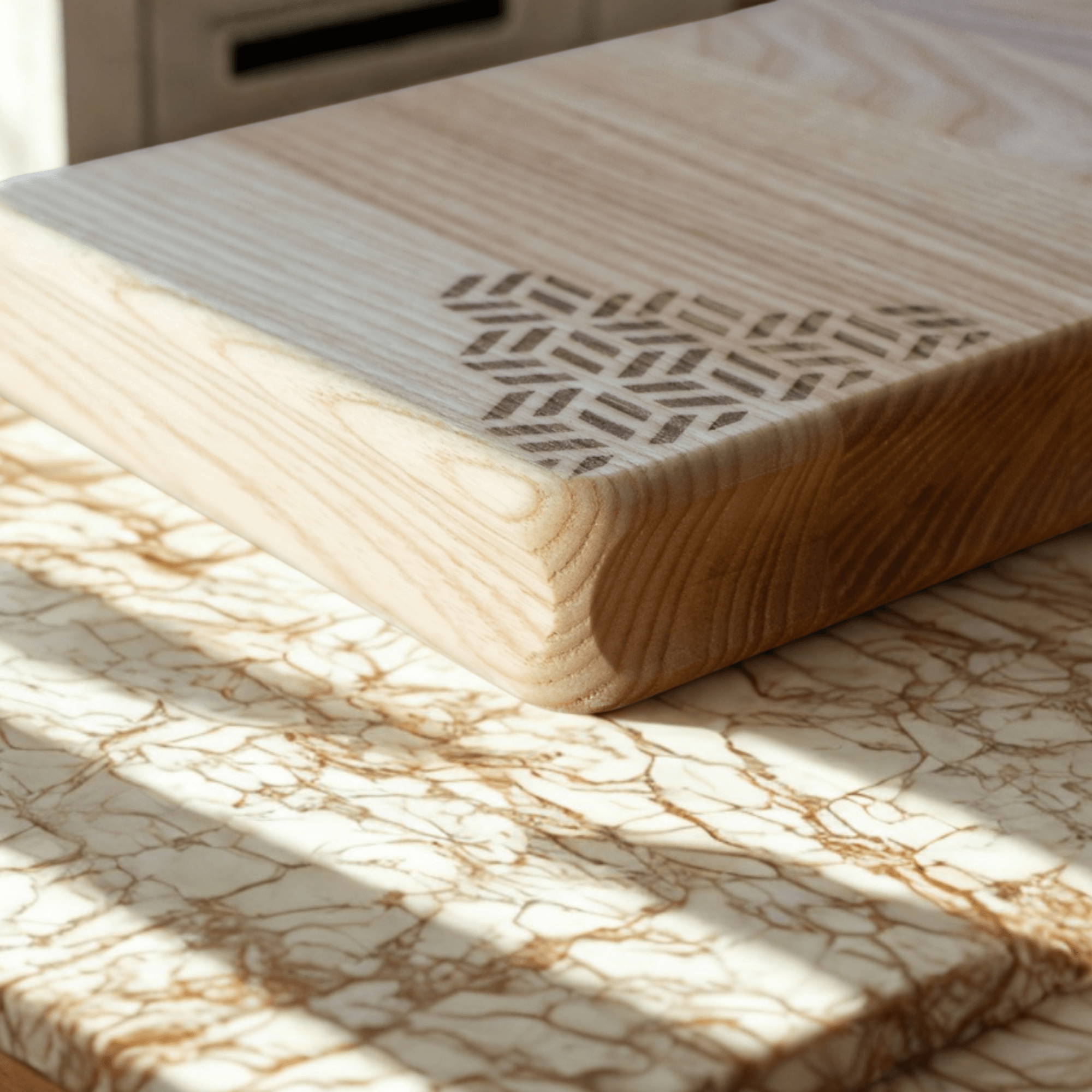 Detailed angled view of Tessera serving board with elegant shallow side handles, ideal for serving cheese or appetizer, with an elegant Kumiko inspired laser engrave, produced and sold by The Makers Society Dubai.