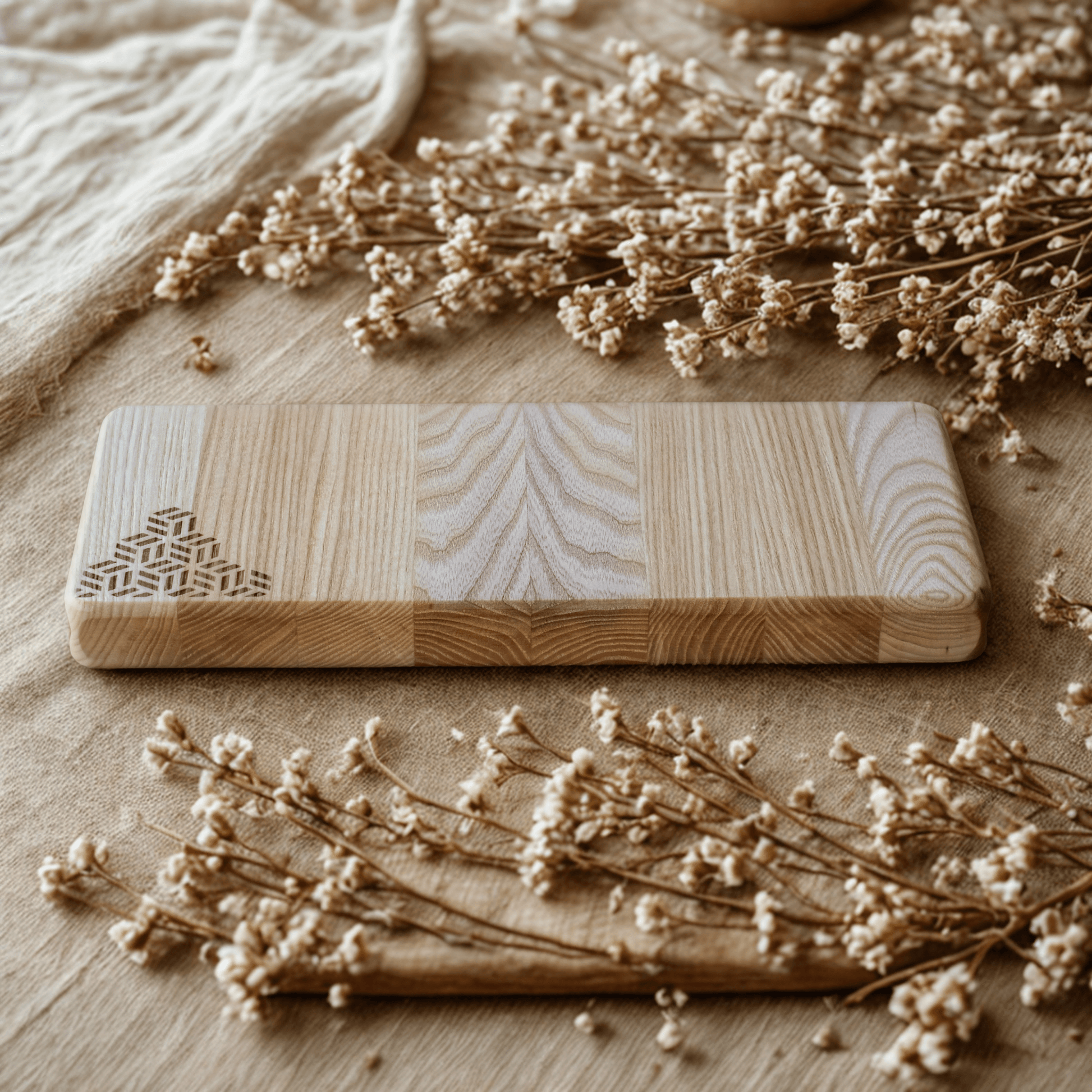 Prospective view of Tessera serving board, ideal for serving cheese or appetizer, with an elegant Kumiko inspired laser engrave, produced and sold by The Makers Society Dubai.