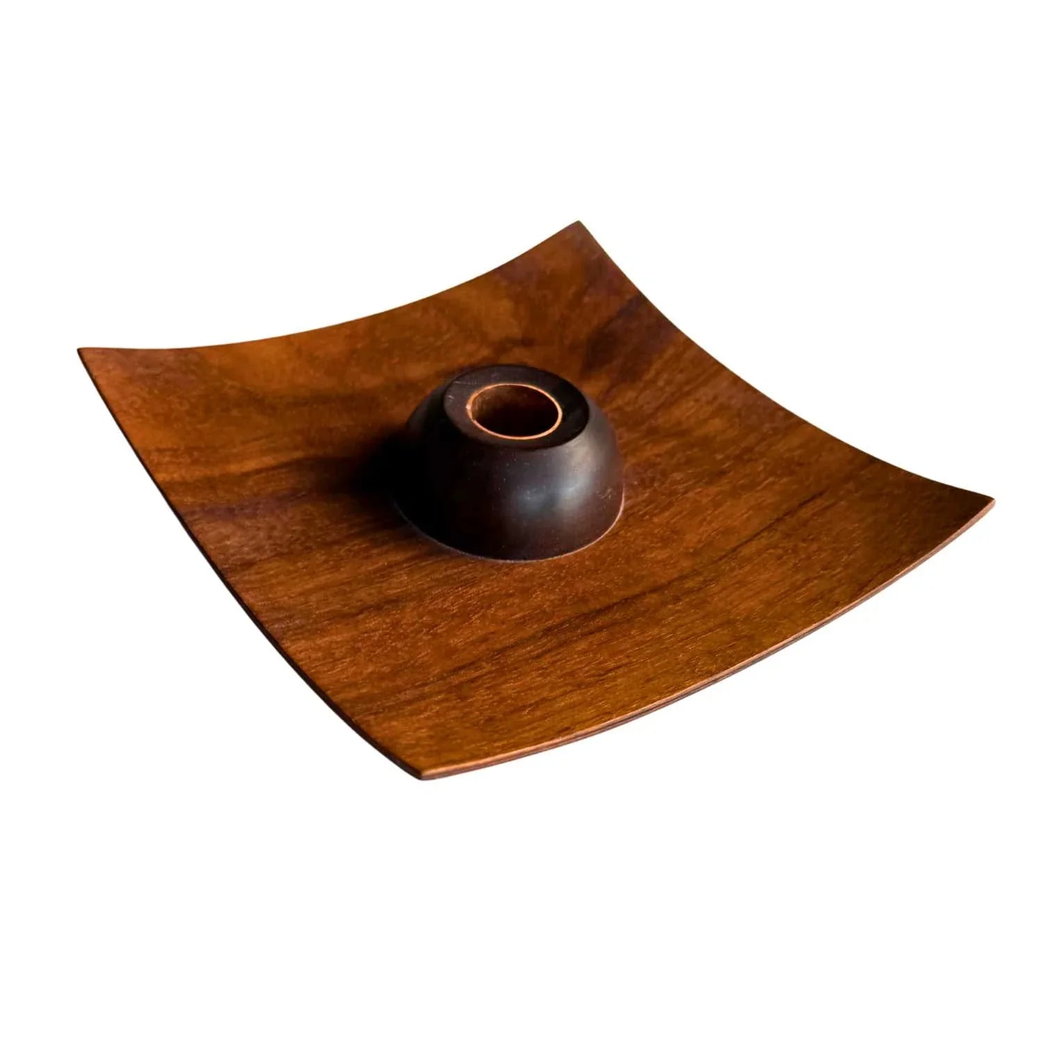 Handmade wooden candleholder with curved square base and central round holder from Dubai maker community