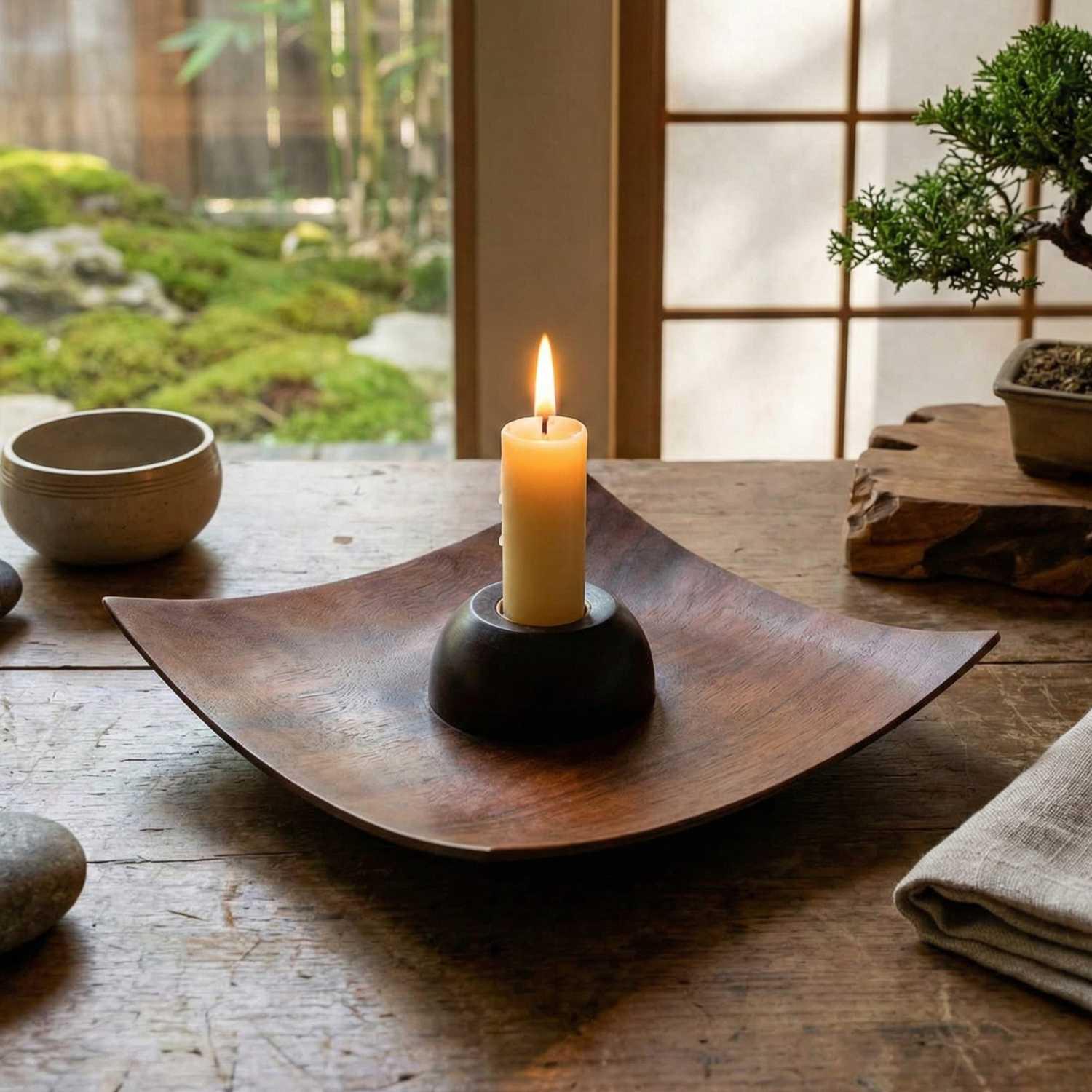 Handmade wooden candleholder with lit pillar candle on rustic wooden table with bonsai and garden background