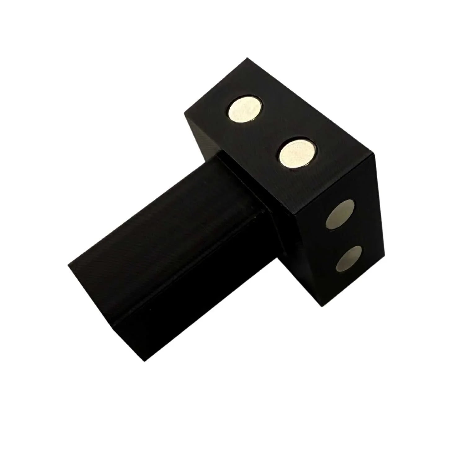 Black magnetic woodworking jig with four round metal magnets on white background