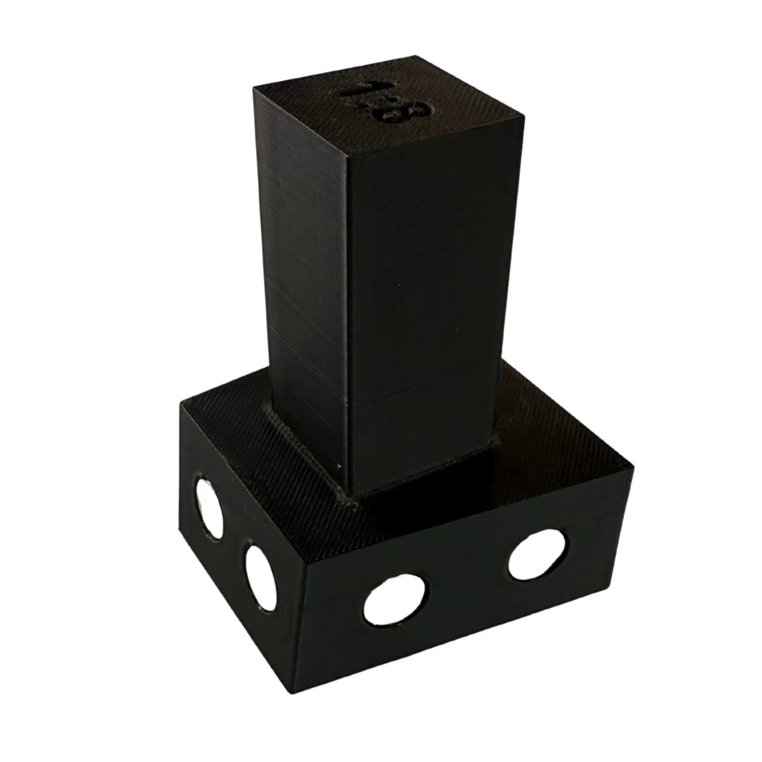 Black plastic woodworking dovetail jig with a rectangular base and circular holes
