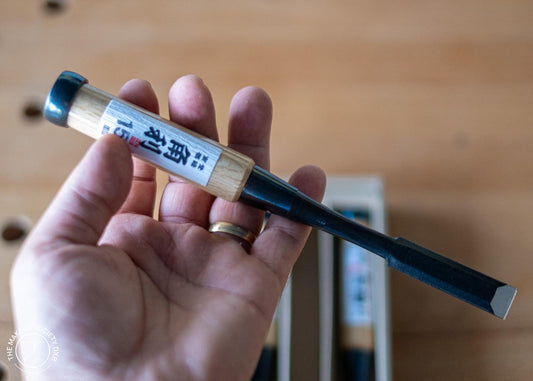 Kakuri Oire Chisel 3 Piece Set with close up of a 15mm chisel sold by The Makers Society Dubai