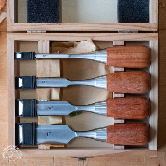 Luban Butt Chisel Set 4 Pieces top view in the original box sold by The Makers Society Dubai