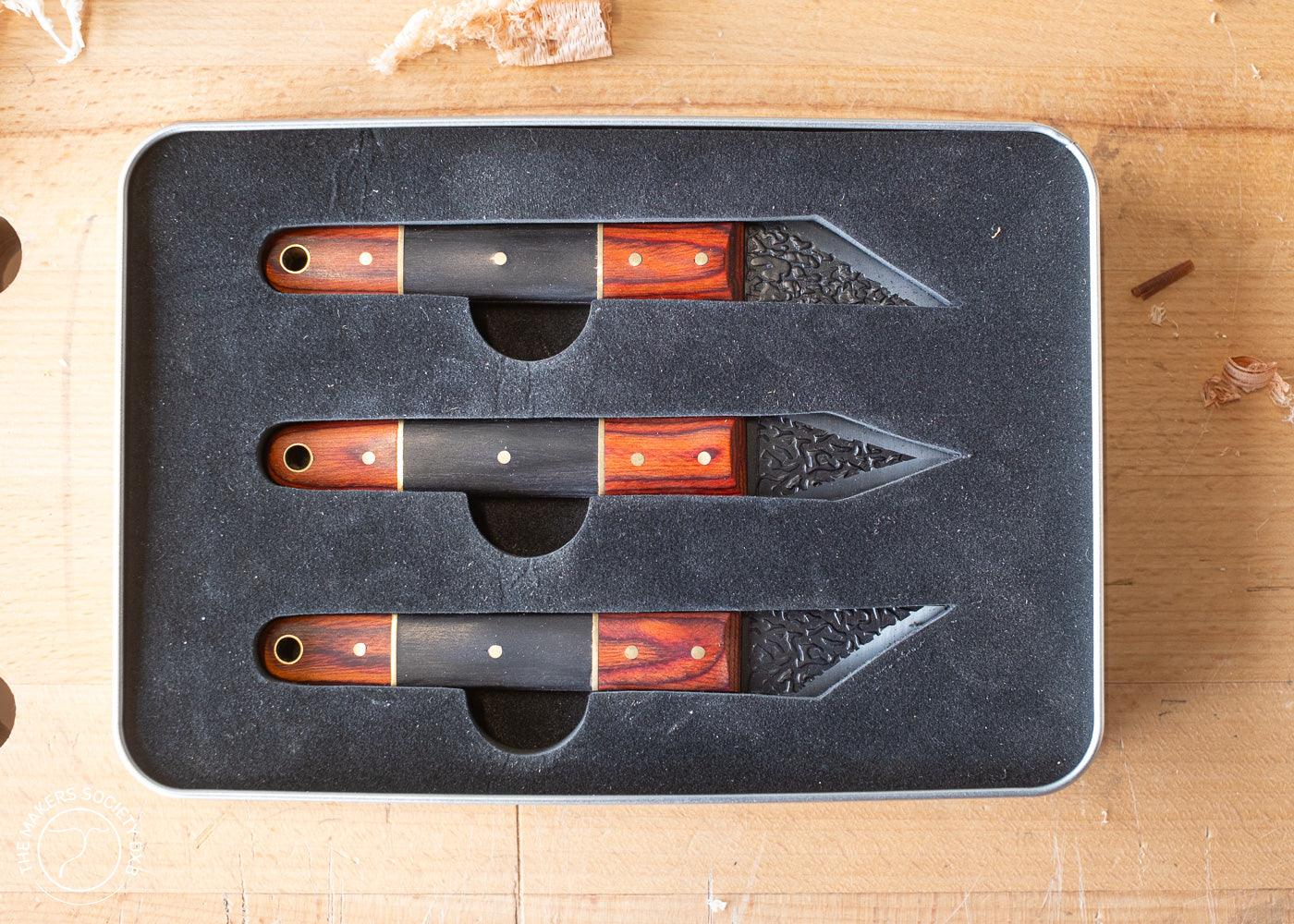 Luban Marking Knife Set 3 Pieces top view in the original box sold by The Makers Society Dubai
