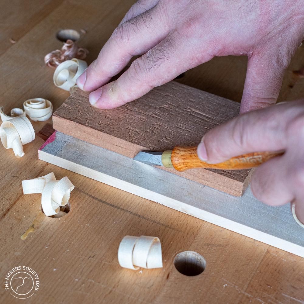 Narex double edge marking knife in use while scoring a piece of wood sold by The Makers Society Dubai