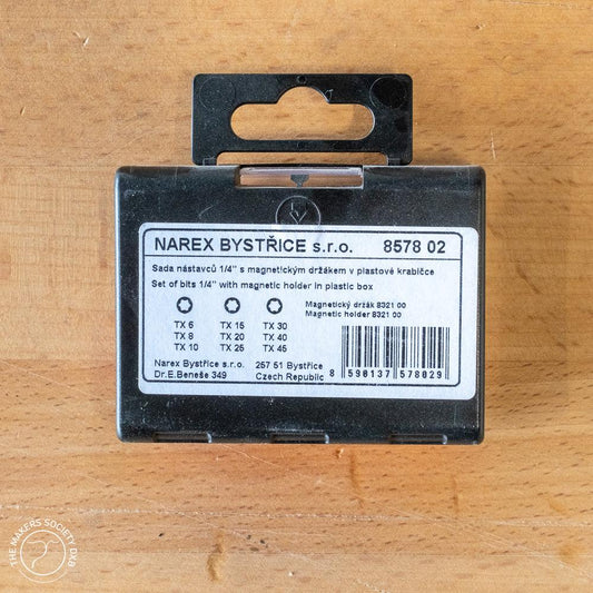 Narex Bit Set 1/4" with Magnetic Holder, 10 Pieces in the original box with back view sold by The Makers Society Dubai