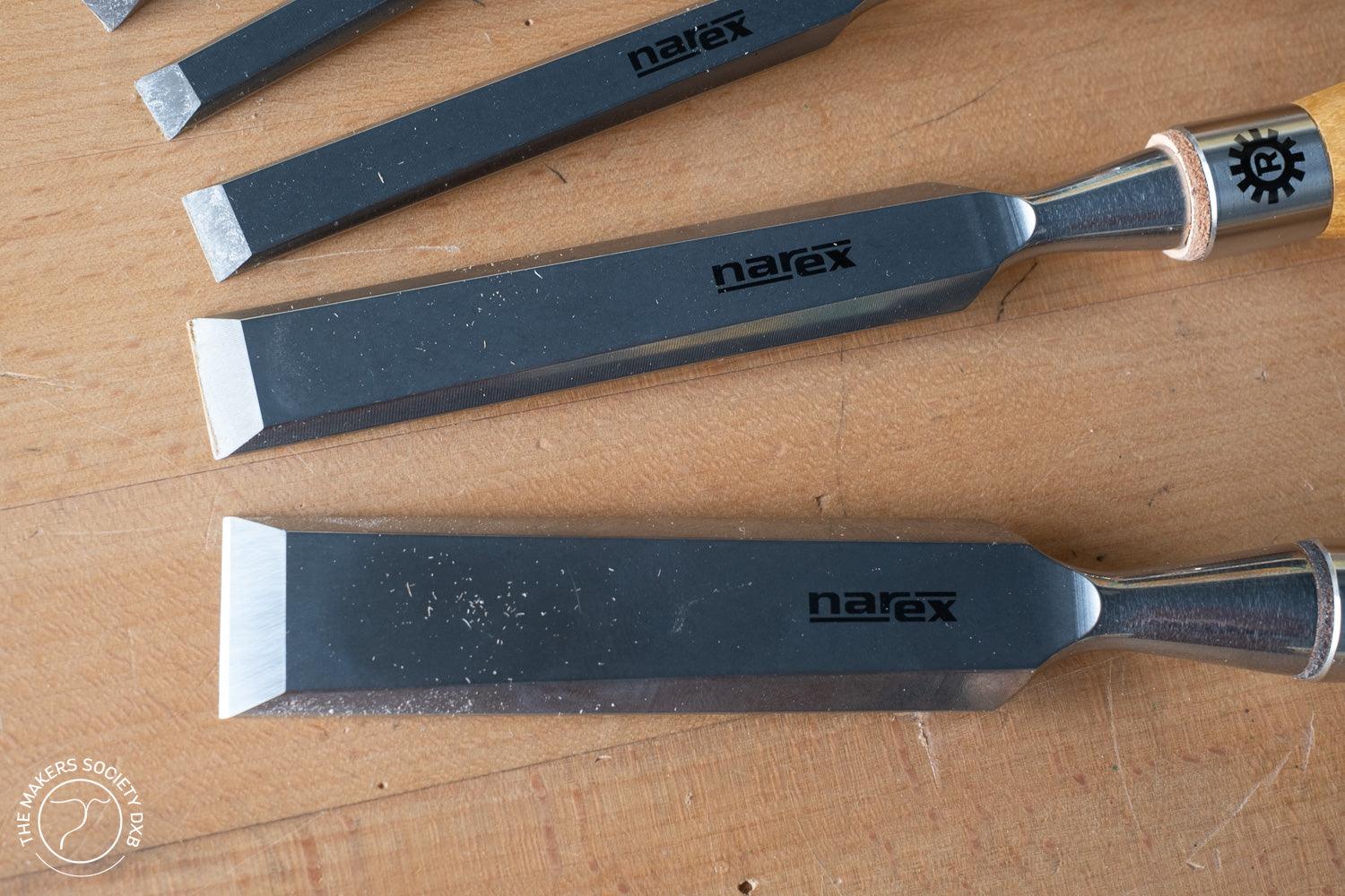 Narex Richter Extra Bevel Edge Chisel Set  6 Piece blade detail with high quality cryogenic treatment sold by The Makers Society Dubai