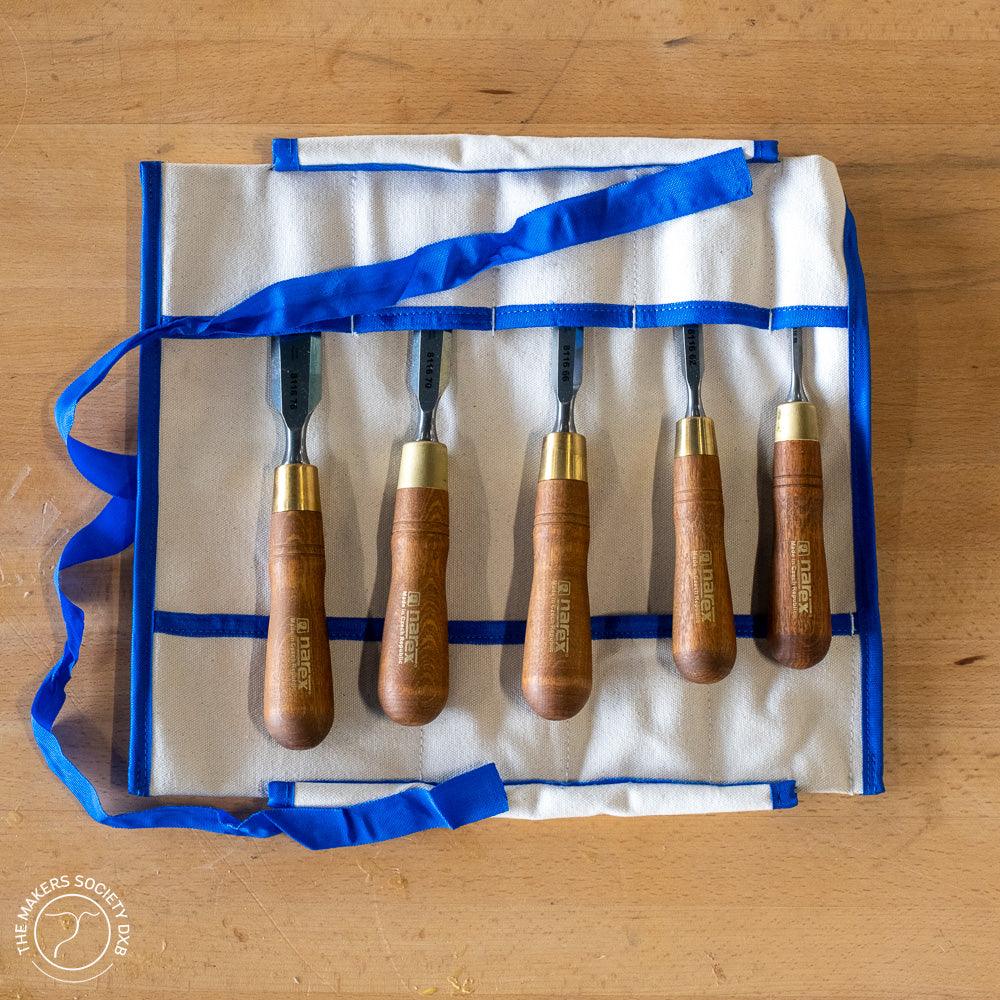 Narex chisels premium 5 pieces in canvas roll top view sold by The Makers Society Dubai
