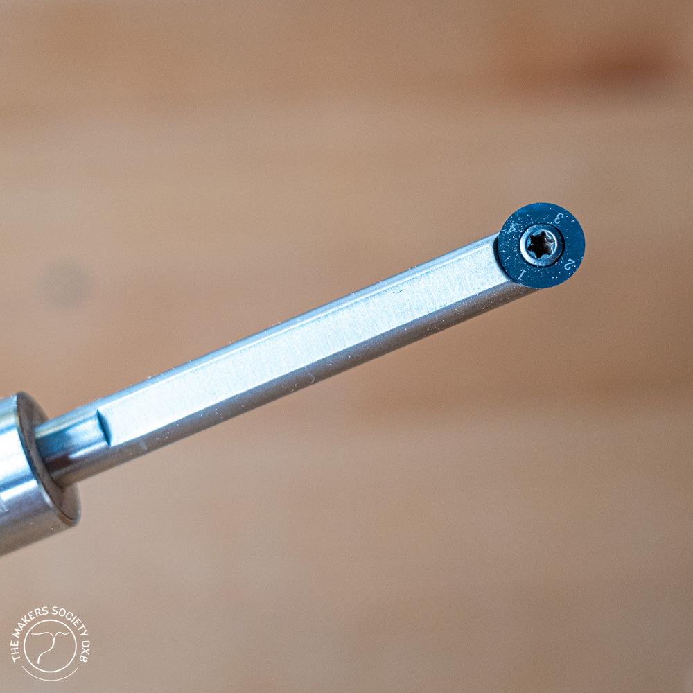 Detail of round chisel from the set of 3 Narex Mini turning chisels in the original box sold by The Makers Society Dubai