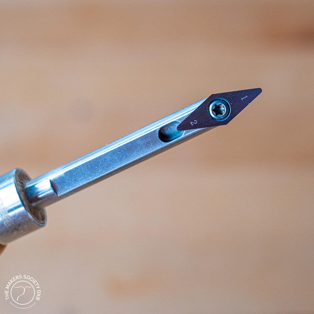 Detail of triangular chisel from the set of 3 Narex Mini turning chisels in the original box sold by The Makers Society Dubai