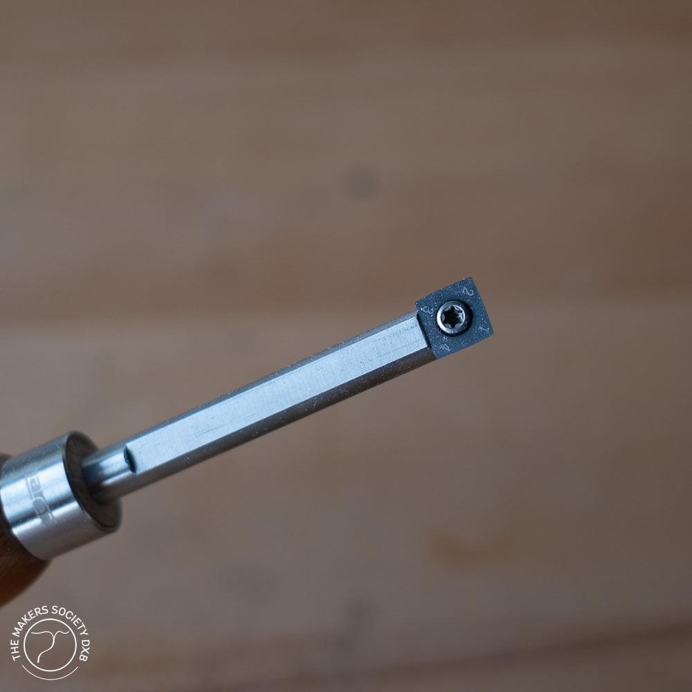 Detail of square chisel from the set of 3 Narex Mini turning chisels in the original box sold by The Makers Society Dubai
