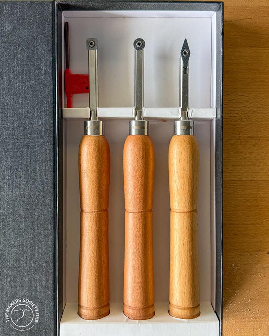 Close up of the Set of 3 Narex Mini turning chisels in the original box sold by The Makers Society Dubai