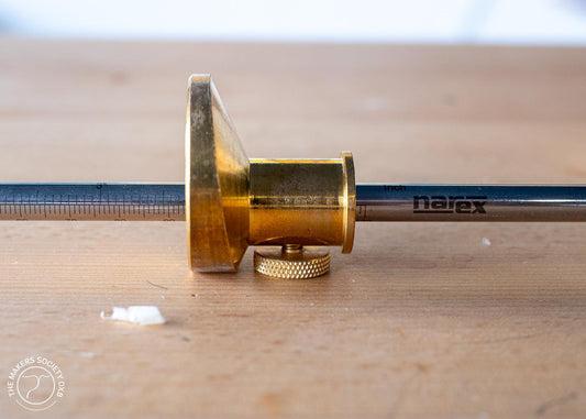 Narex wheel marking gauge close up with detail of the brass sliding reference set sold by The Makers Society Dubai