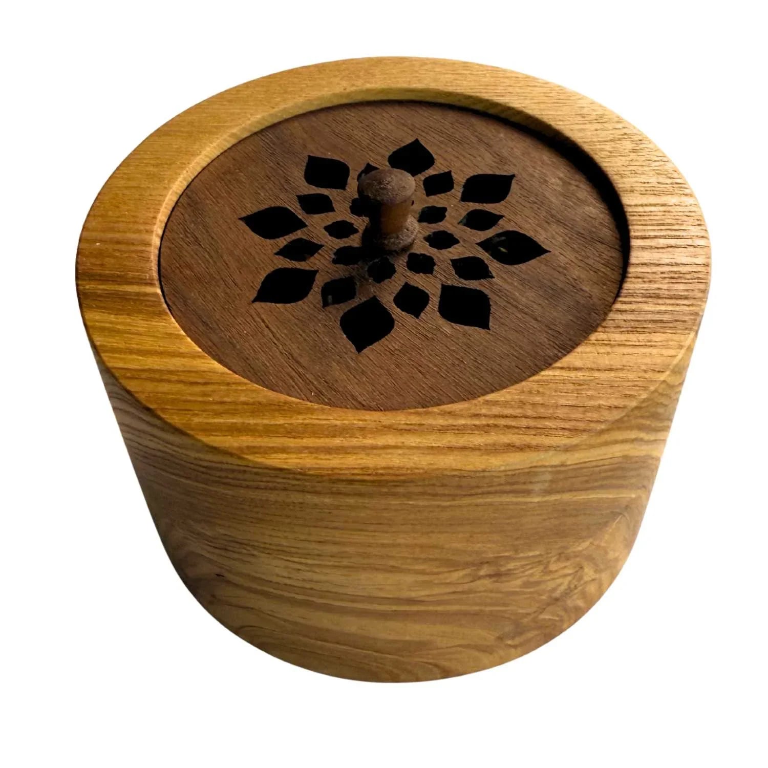 Wooden container with a decorative lid on a white background