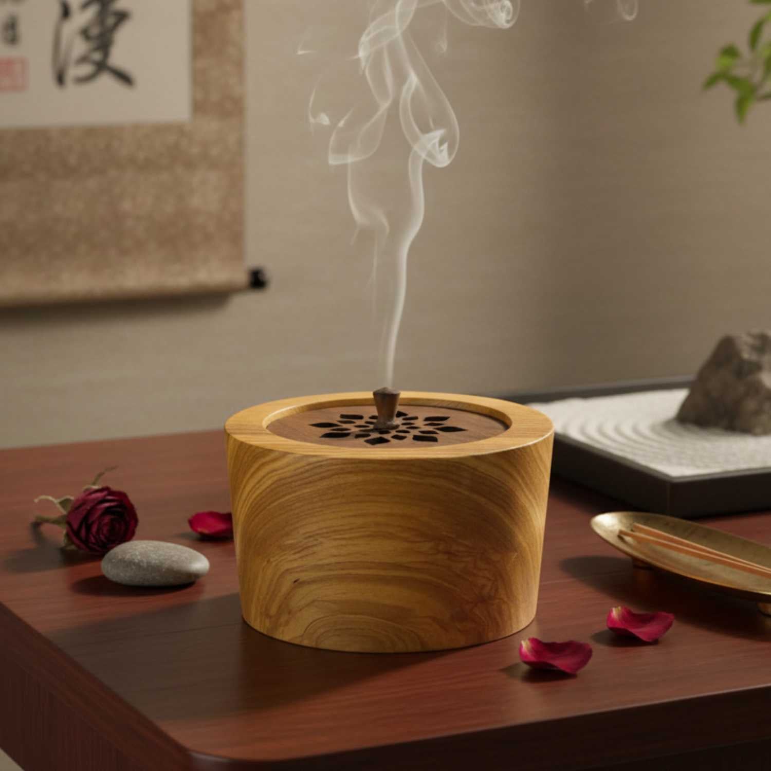 Wooden incense burner with smoke on a wooden table with decorative items.