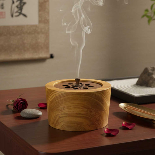 Wooden incense burner with smoke on a wooden table with decorative items.