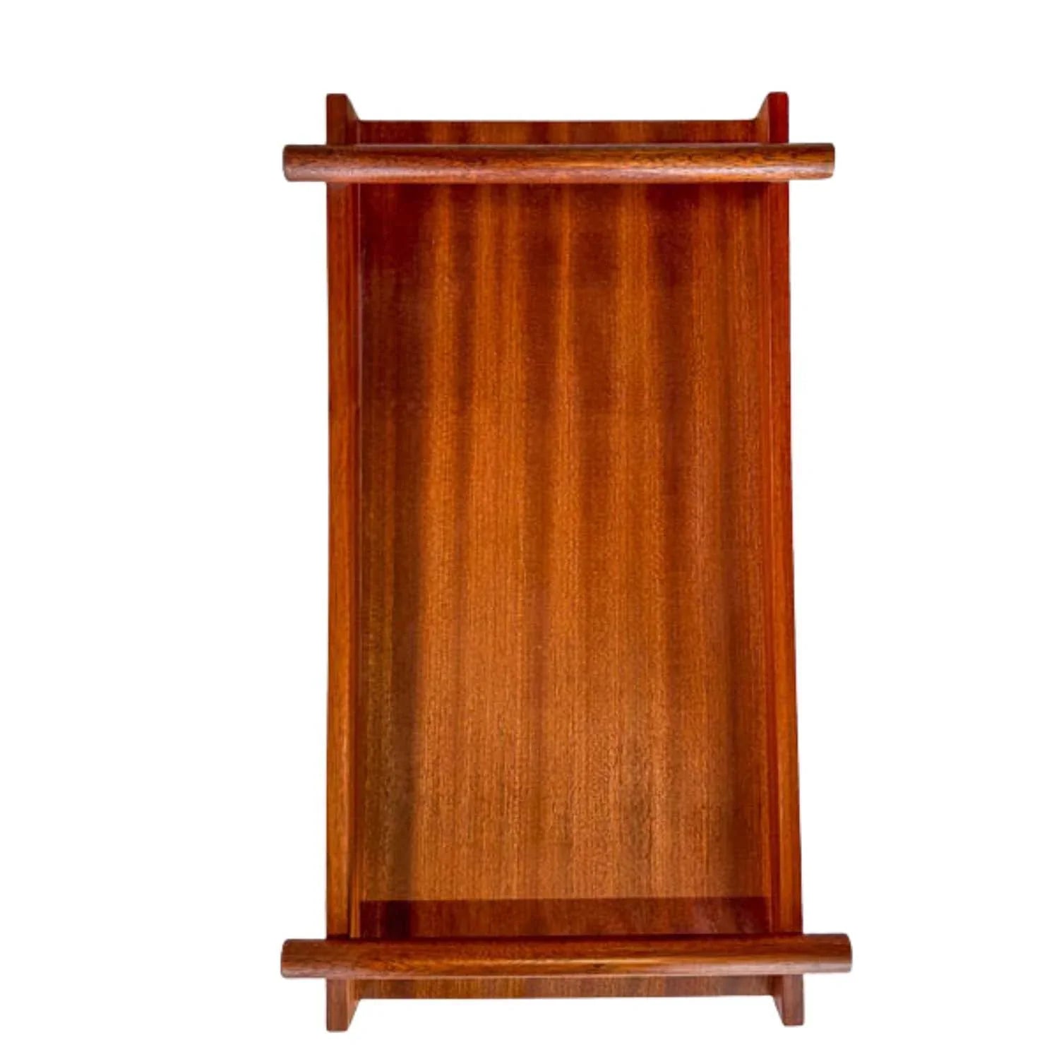 Japanese style rectangular wooden serving tray with raised edges and handles