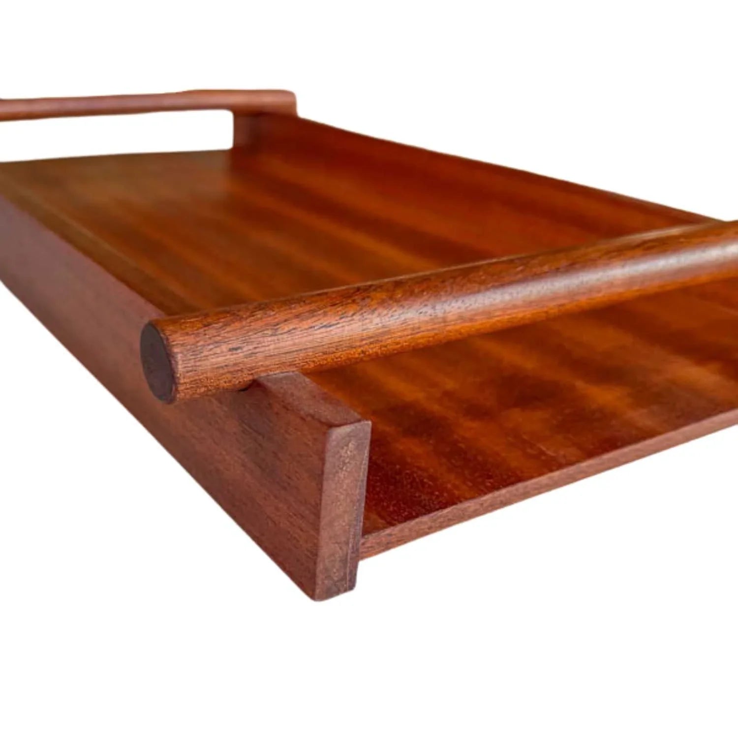 Japanese style wooden serving tray with side handles and rich brown finish