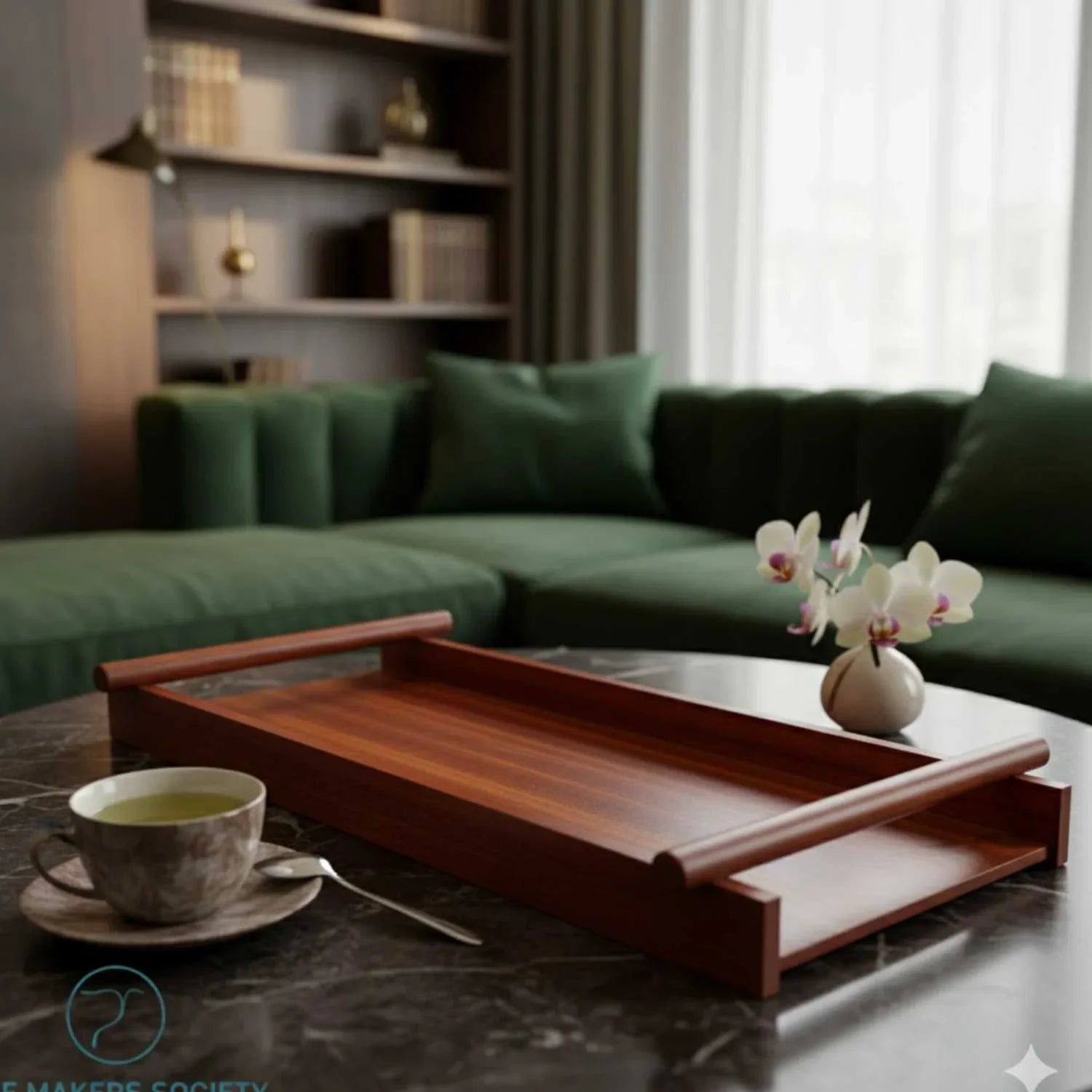 Japanese style wooden tray on marble table with teacup and orchid vase in living room