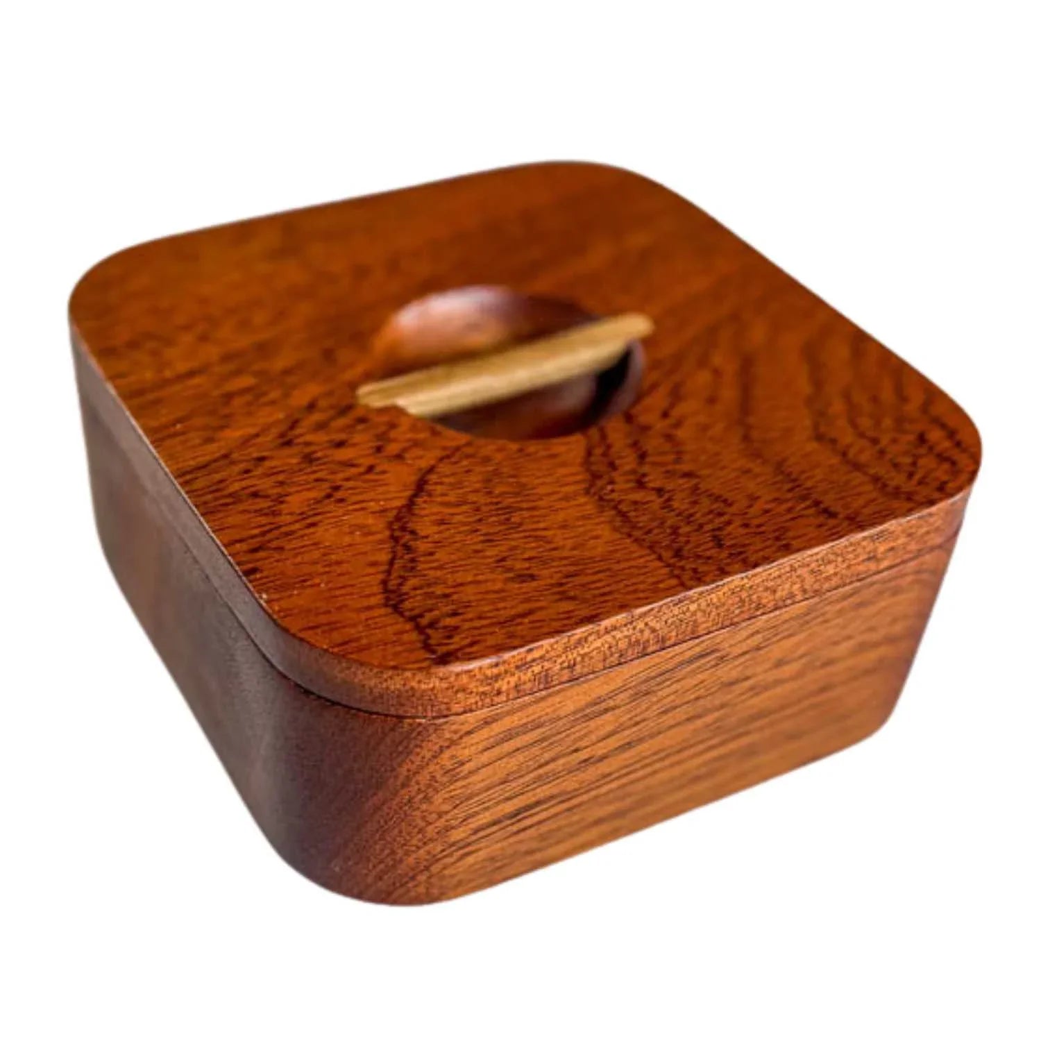 Japanese square wooden bowl with lid and a wooden handle in the center