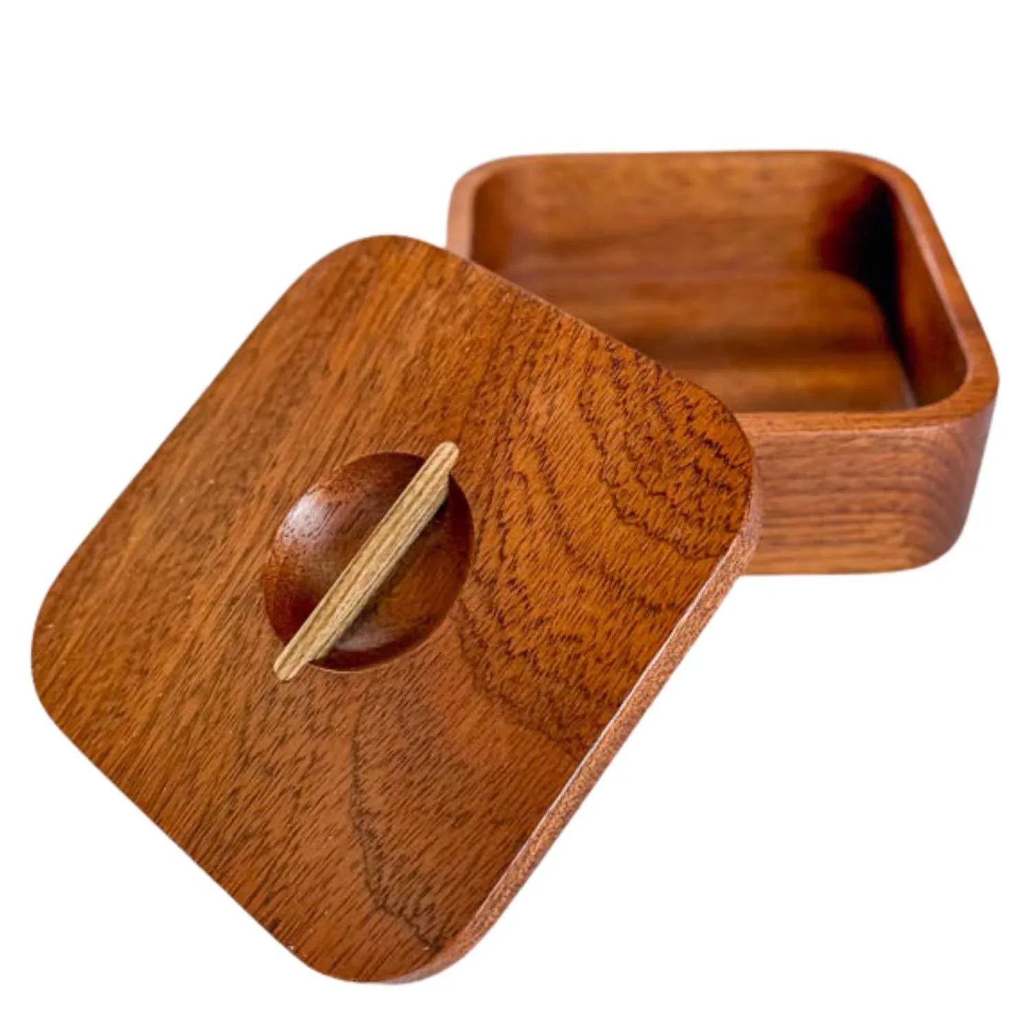 Japanese square wooden bowl with lid featuring smooth grain and a round handle