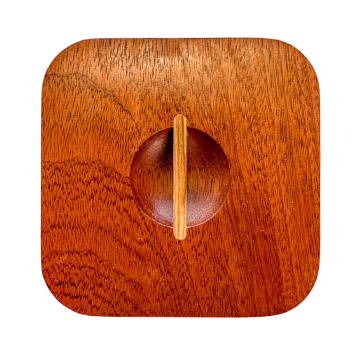 Square Japanese wooden bowl lid with rounded corners and central raised handle