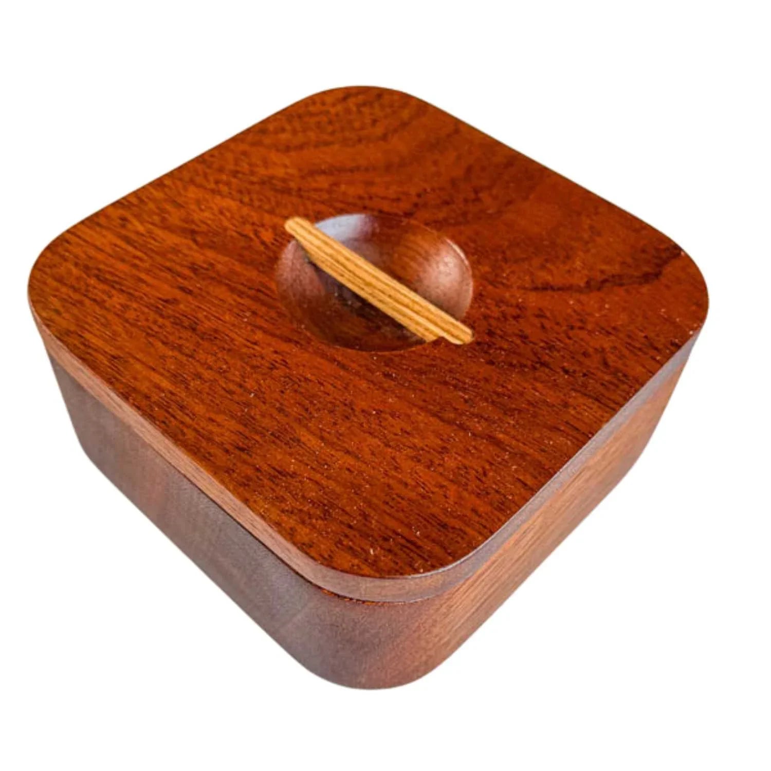 Japanese square wooden bowl with rounded edges and a lid with a wooden handle