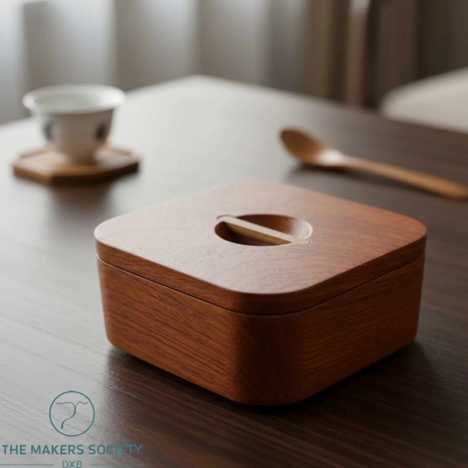 Japanese square wooden bowl with lid on wooden table, traditional handcrafted food container
