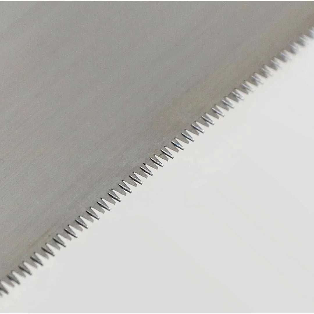 Close-up of Kakuri Sakura precision tenon saw teeth on steel blade edge