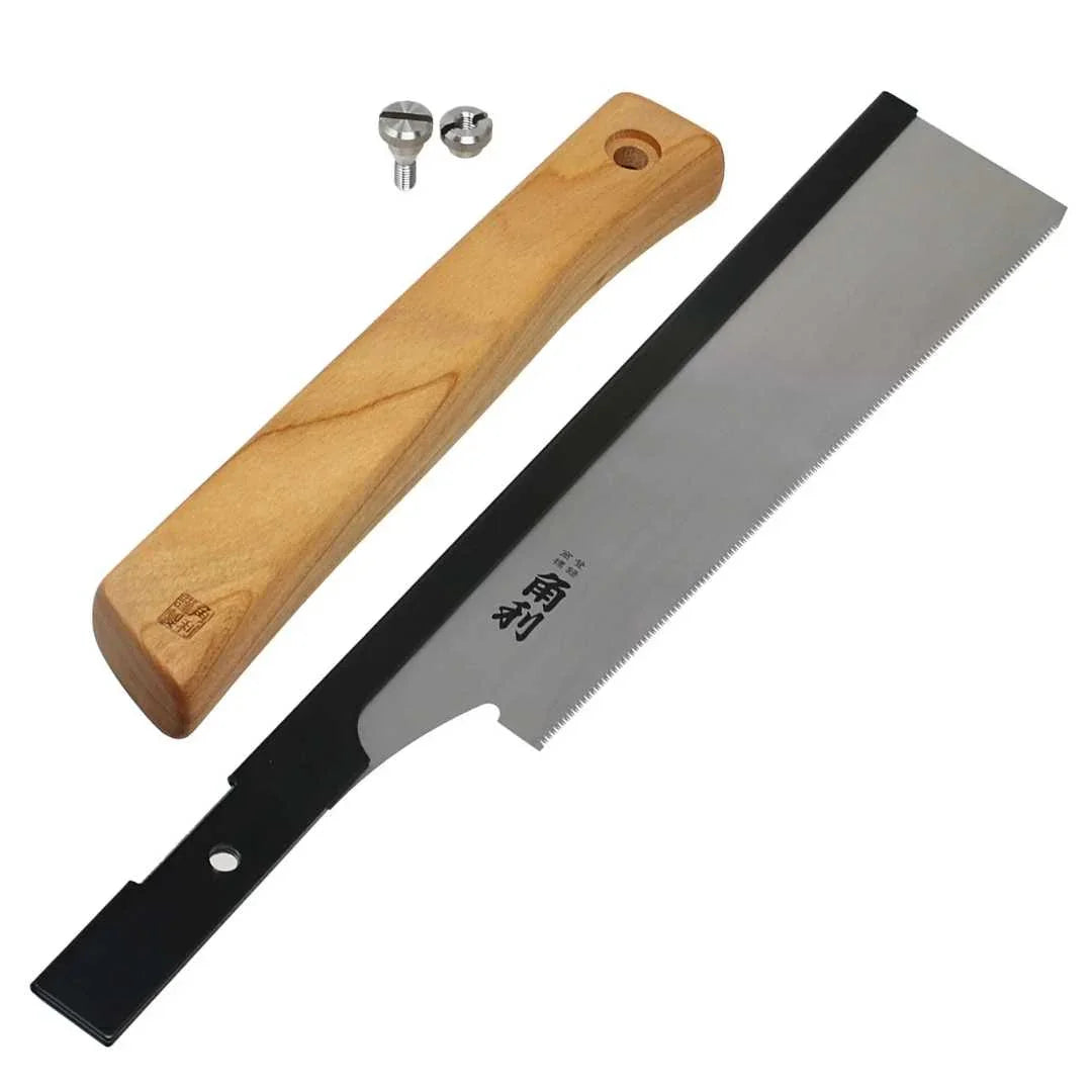 Kakuri Sakura precision tenon saw with wooden handle, replaceable blade, and screws on white background