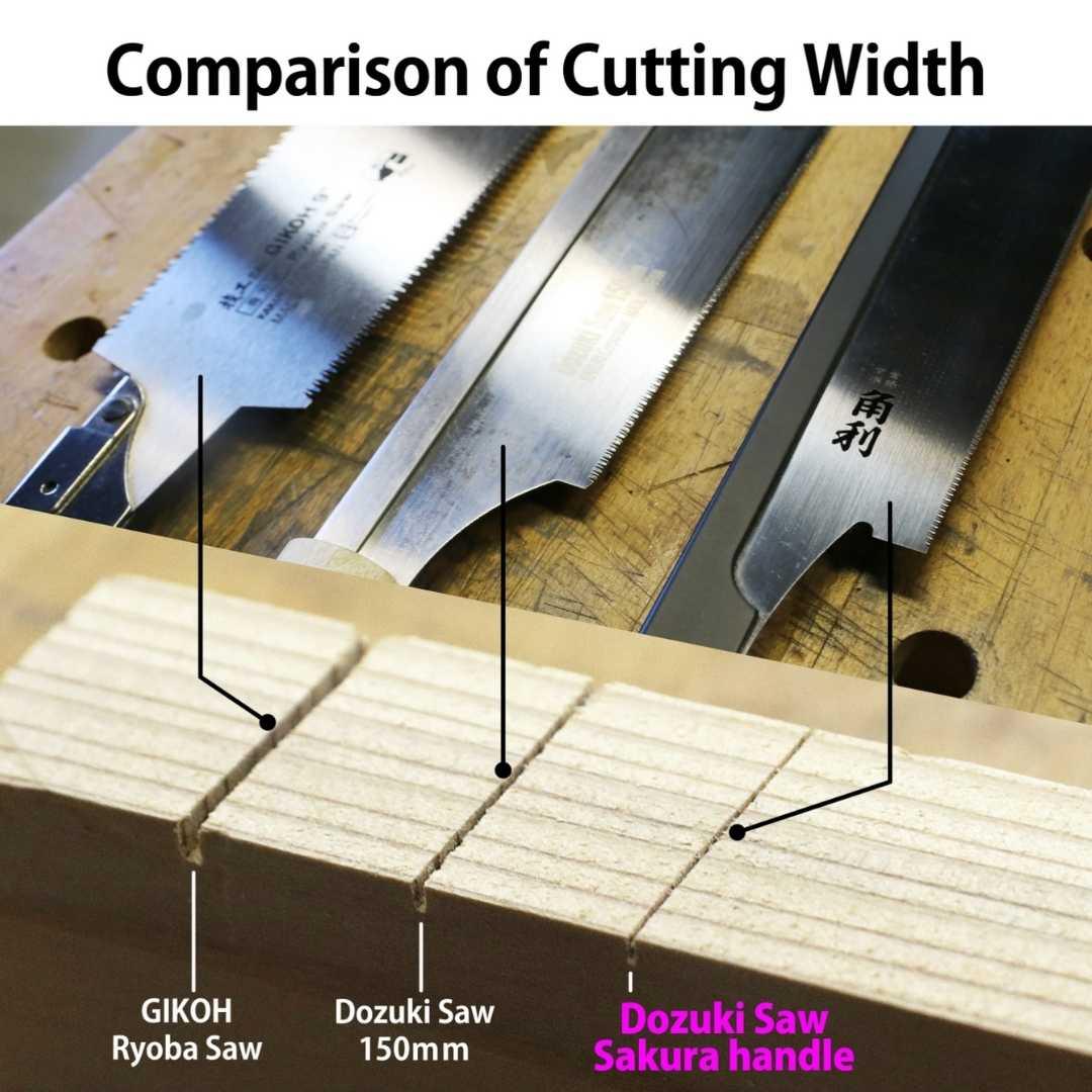 Comparison of cutting width for GIKOH Ryoba Saw, Dozuki Saw 150mm, and Dozuki Saw Sakura handle on wood