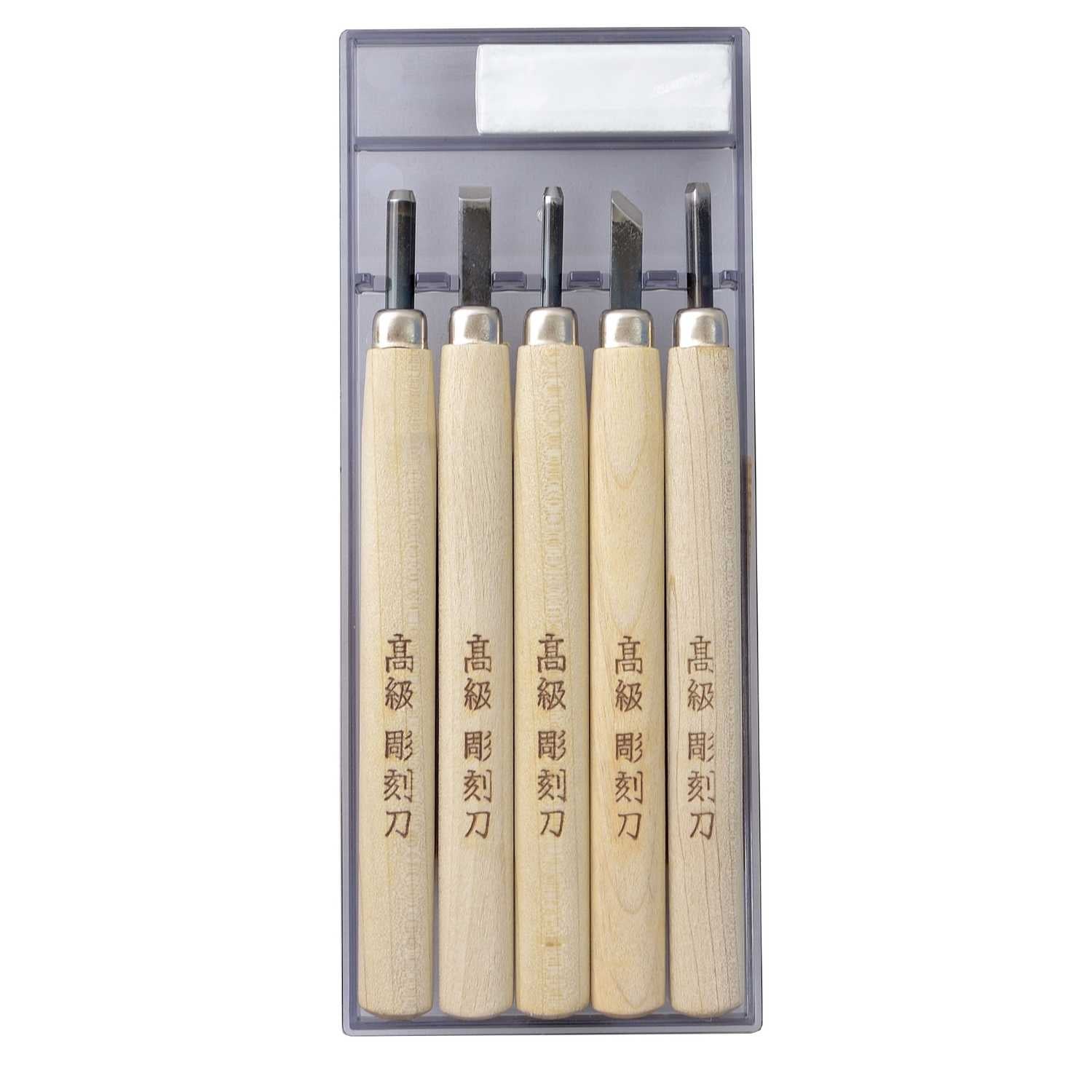 Set of five wooden carving tools in a clear plastic case on a white background