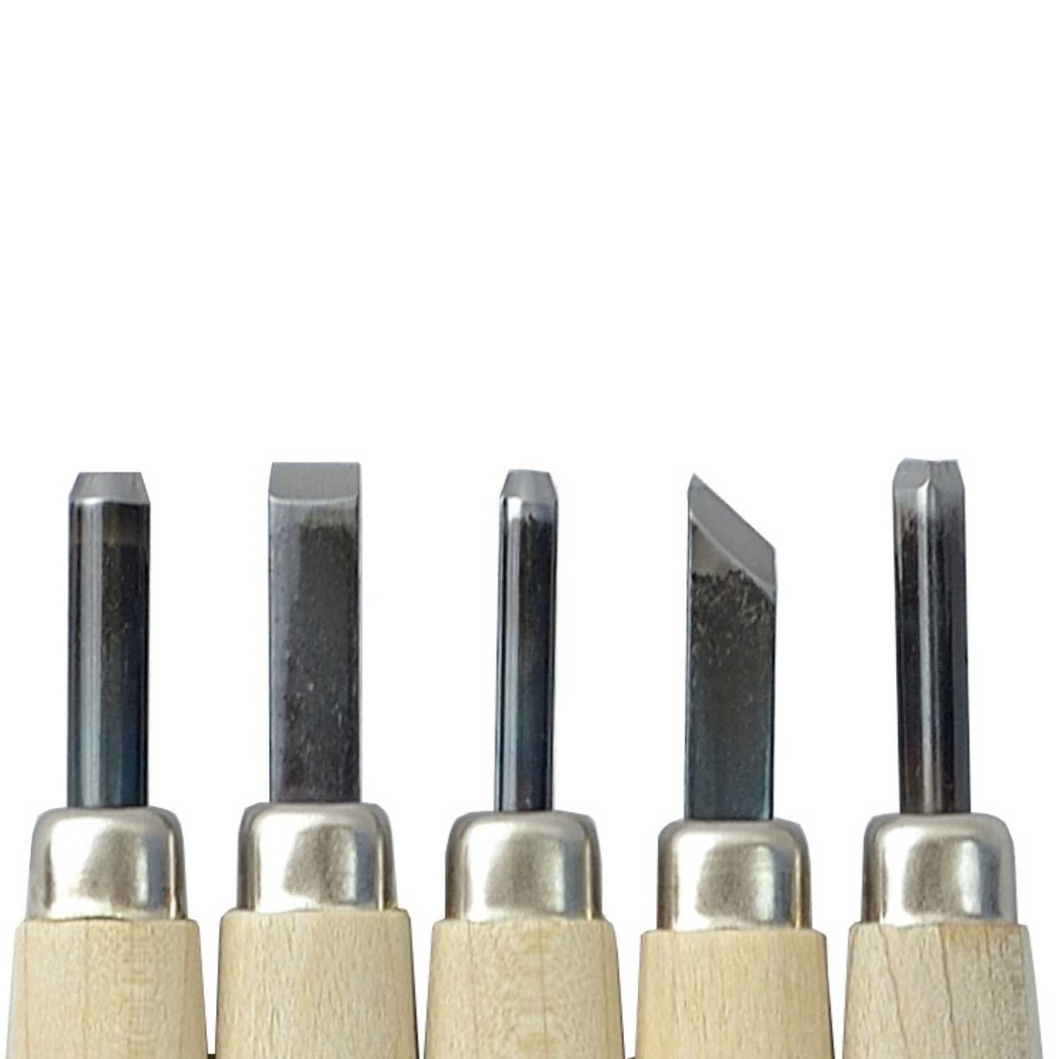 Close up of a set of five carving tools with wooden handles on a white background