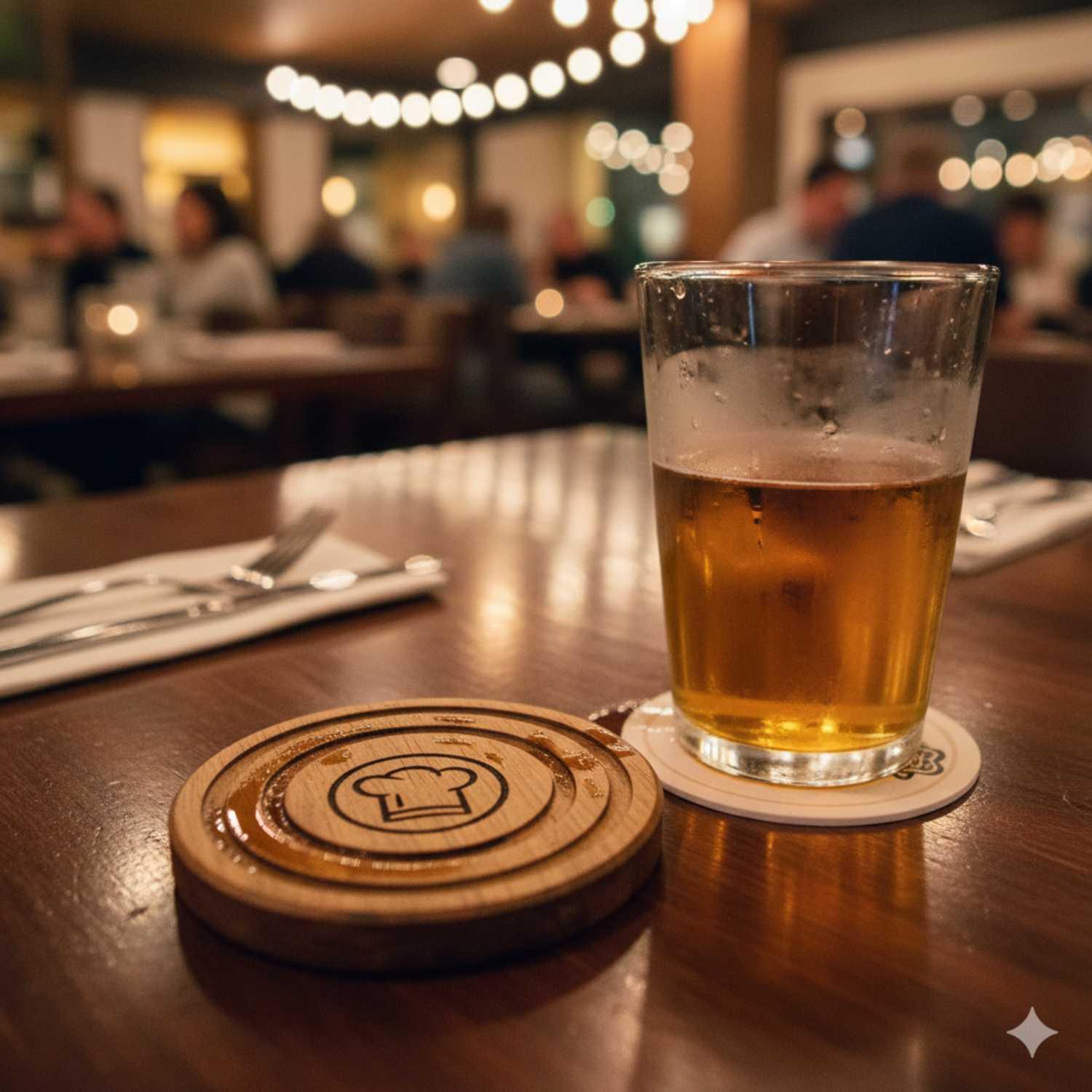 Kumo round wooden coaster set with engraved chef hat logo on table next to cold glass of beer