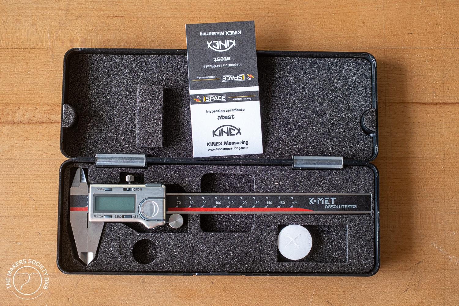 K-Met Absolute Zero Digital Caliper in the protective case with inspection certificate, high precision and perfect for accurate measurements, sold by The Makers Society Dubai
