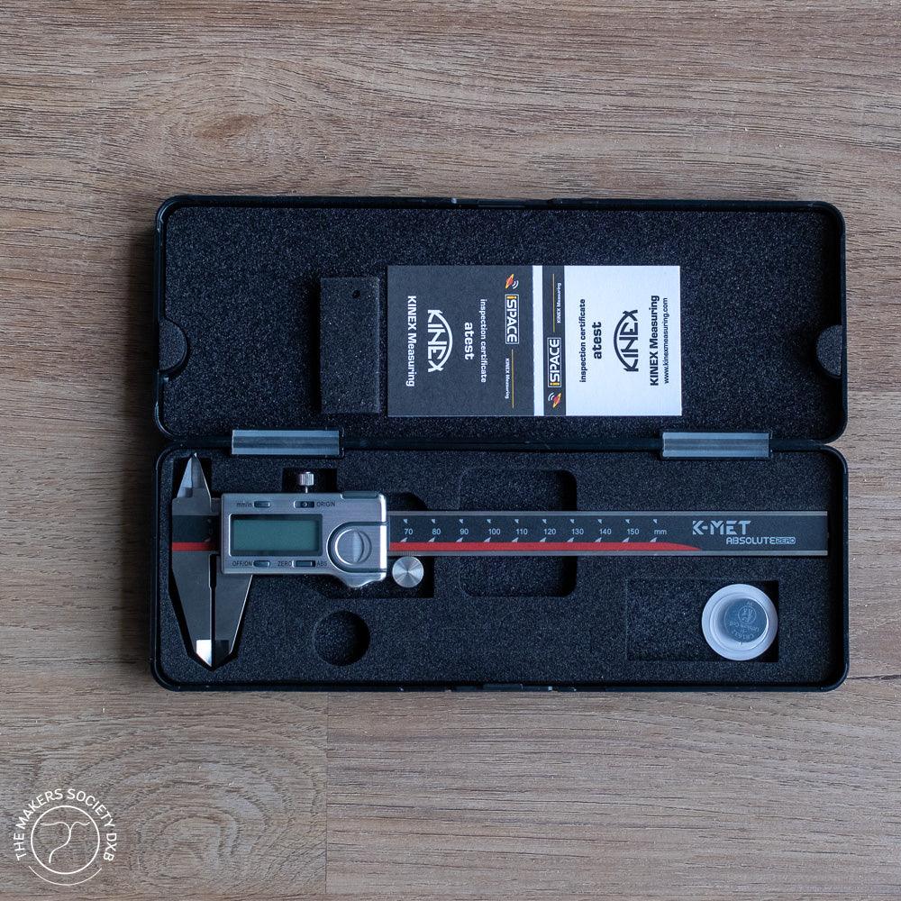 K-Met Absolute Zero Digital Caliper in the protective case, high precision and perfect for accurate measurements, sold by The Makers Society Dubai